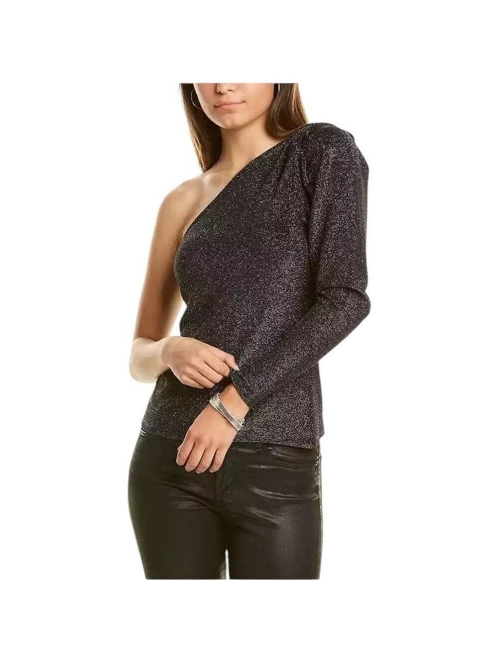 Ramy Brook Violeta One Shoulder Top Black Silver Metallic Nylon NWT XS